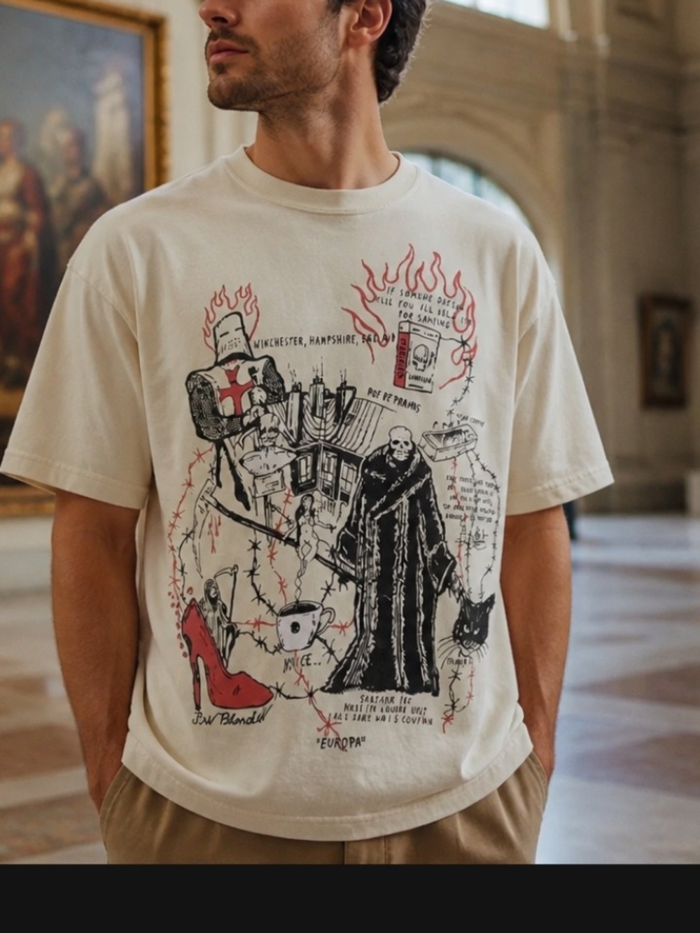 Waren Lotus Graphic Cream Short-Sleeve Tee with Illustrated FrontLimited Edition